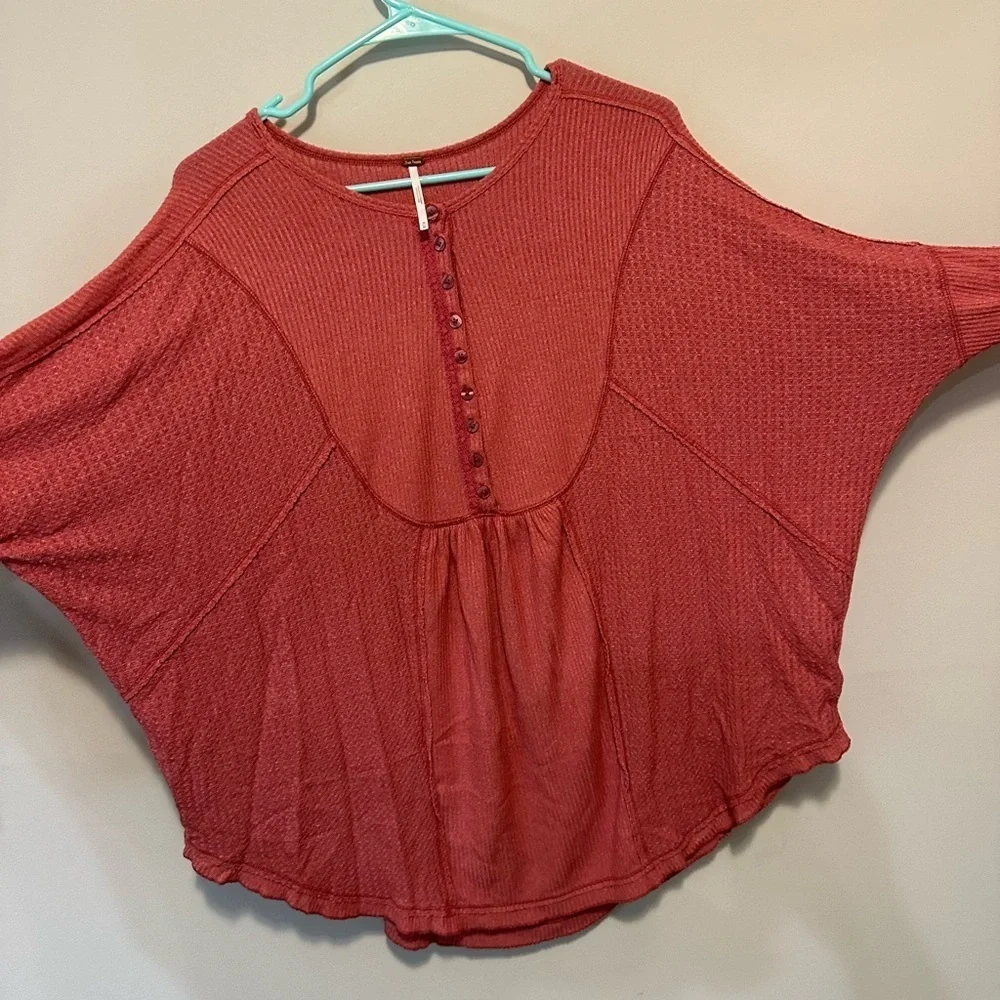 Free People Leo Henley Thermal Top | Oversized Waffle Knit Long Sleeve Size M